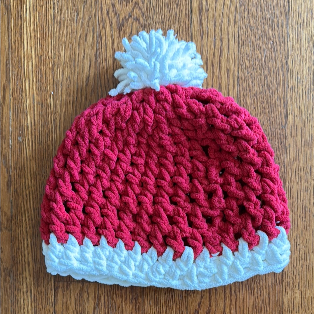 Red and White Crocheted Beanie